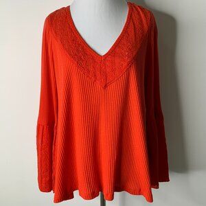 Free People Women's Orange Red Parisian Nights Blouse Top Bell Sleeve Size XS